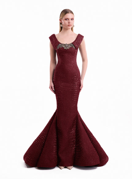 Gemy Maalouf Mermaid Textured Embellished Gown Red