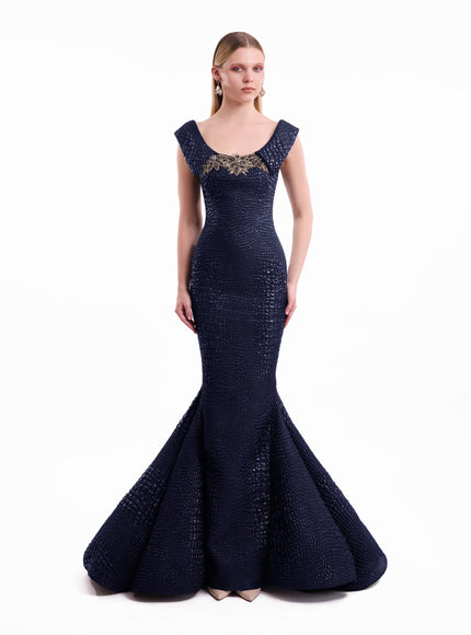 Gemy Maalouf Mermaid Textured Embellished Gown Navy