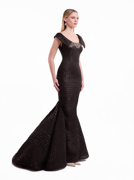 Gemy Maalouf Mermaid Textured Embellished Gown