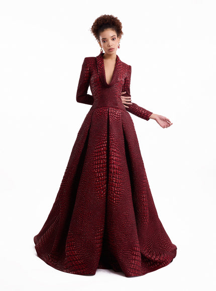 Gemy Maalouf Textured V-Neck Gown Red