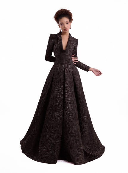 Gemy Maalouf Textured V-Neck Gown Brown