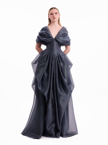 Gemy Maalouf Draped V-Neck Corset Gown Blue