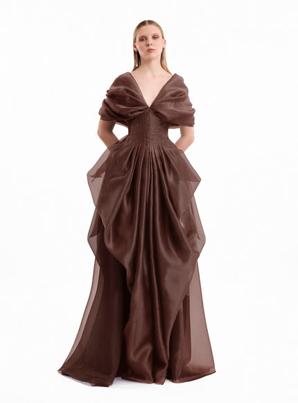 Gemy Maalouf Draped V-Neck Corset Gown Brown