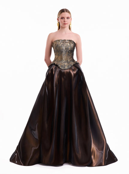 Gemy Maalouf Strapless Corset Satin Gown Brown