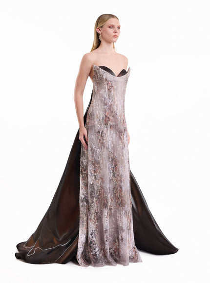 Gemy Maalouf Strapless Sculpted Neck Printed Gown