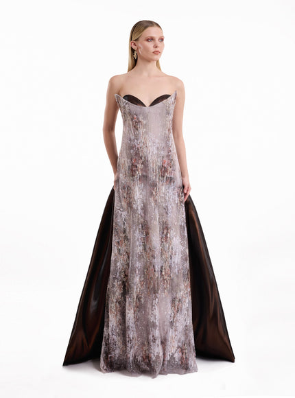 Gemy Maalouf Strapless Sculpted Neck Printed Gown Dusty Pink
