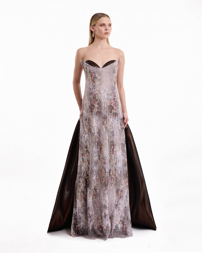 Gemy Maalouf Strapless Sculpted Neck Printed Gown