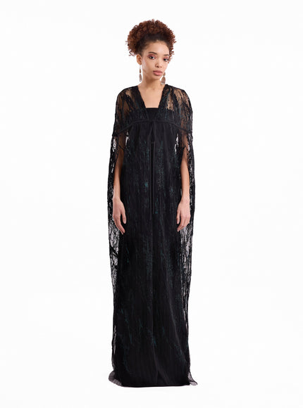Gemy Maalouf Sheer Tulle Cape Gown Black