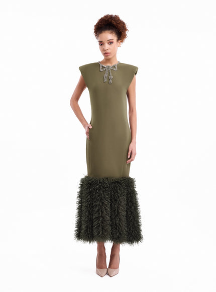 Gemy Maalouf Bow Detail Straight Gown Olive