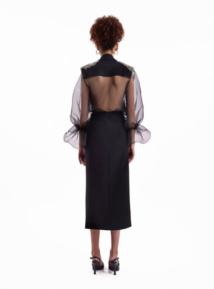 Gemy Maalouf Beaded Puff Sleeve Skirt Set Black