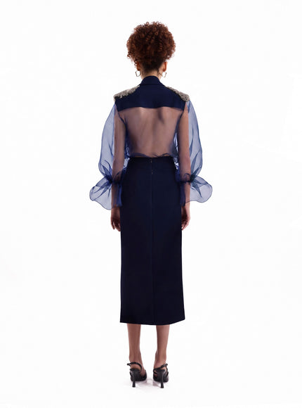 Gemy Maalouf Beaded Puff Sleeve Skirt Set Navy