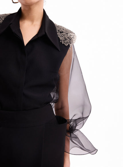 Gemy Maalouf Beaded Puff Sleeve Skirt Set Black