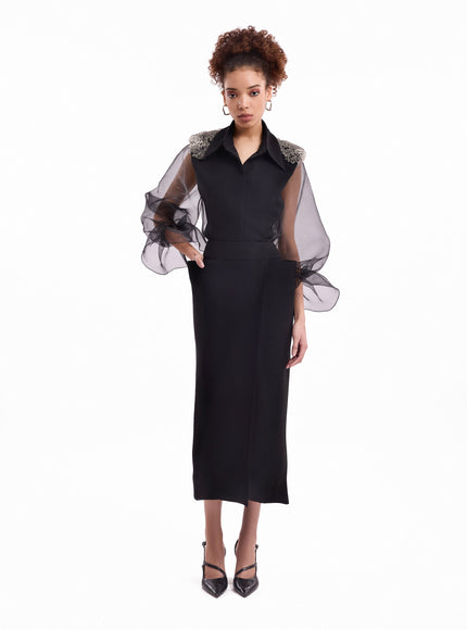 Gemy Maalouf Beaded Puff Sleeve Skirt Set Black