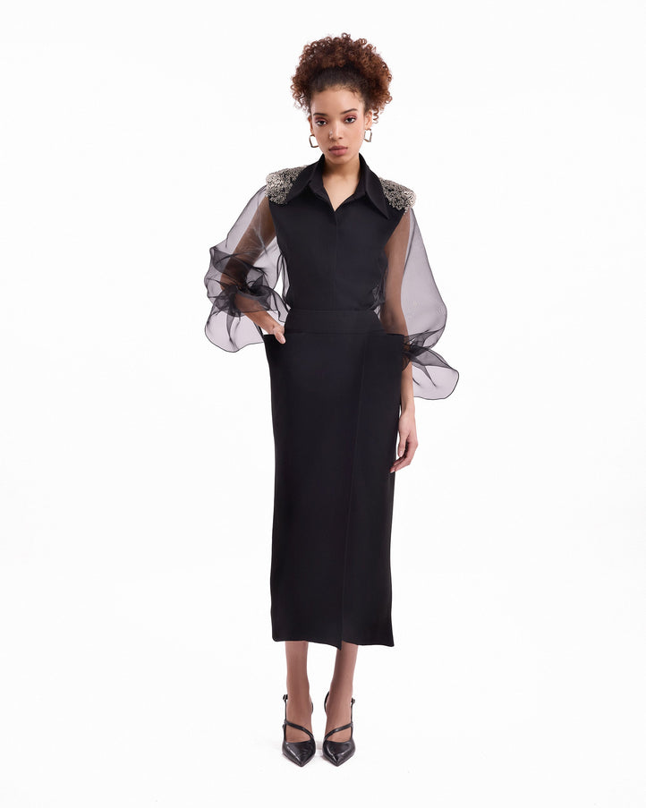 Gemy Maalouf Beaded Puff Sleeve Skirt Set Black