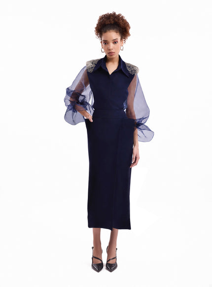 Gemy Maalouf Beaded Puff Sleeve Skirt Set Navy