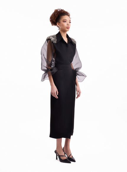 Gemy Maalouf Beaded Puff Sleeve Skirt Set Black