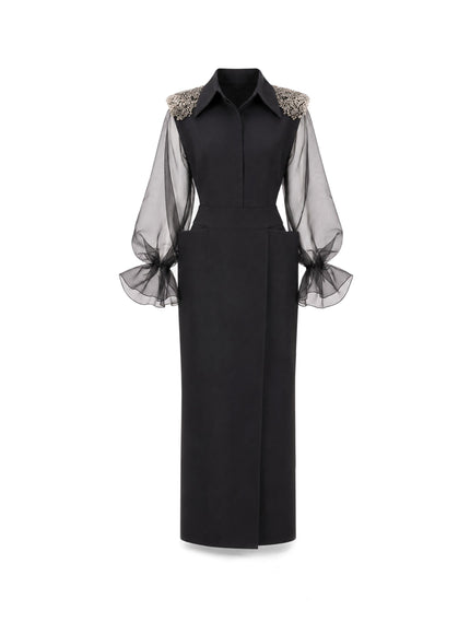 Gemy Maalouf Beaded Puff Sleeve Skirt Set Black