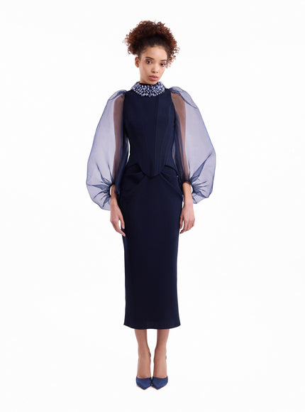 Gemy Maalouf Beaded High-Neck Set Blue
