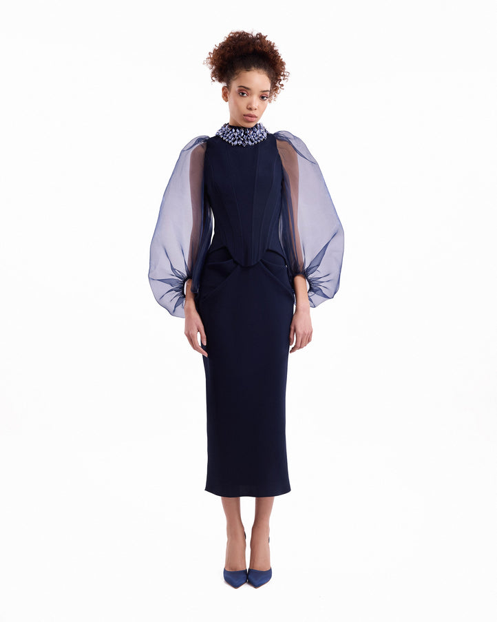Gemy Maalouf Beaded High-Neck Set Blue