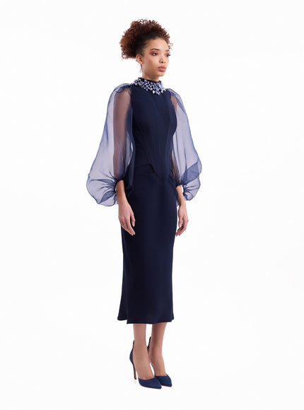 Gemy Maalouf Beaded High-Neck Set Blue