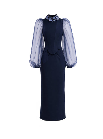Gemy Maalouf Beaded High-Neck Set Blue