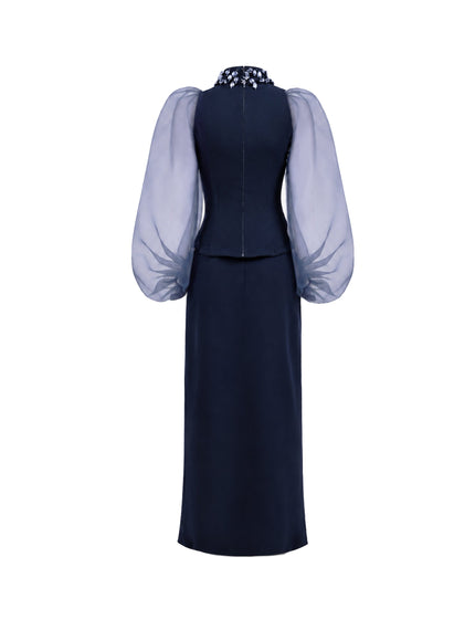 Gemy Maalouf Beaded High-Neck Set Blue