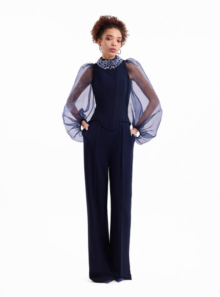 Gemy Maalouf Embellished High-Neck Set No. 7919TP7918TR Blue