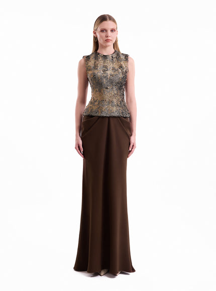 Gemy Maalouf Textured Bodice Draped Gown Brown