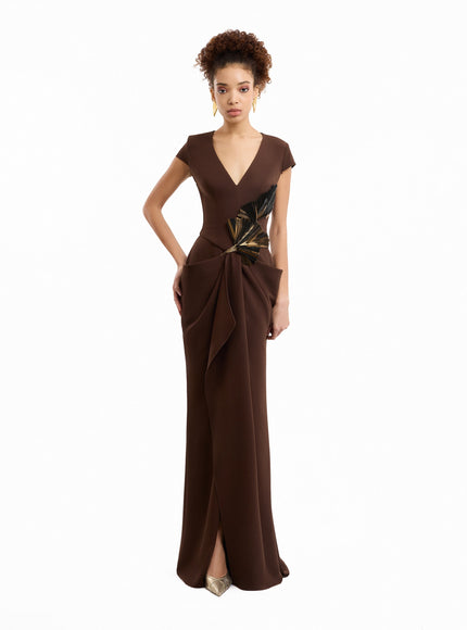 Gemy Maalouf V-Neck Embellished Gown Brown