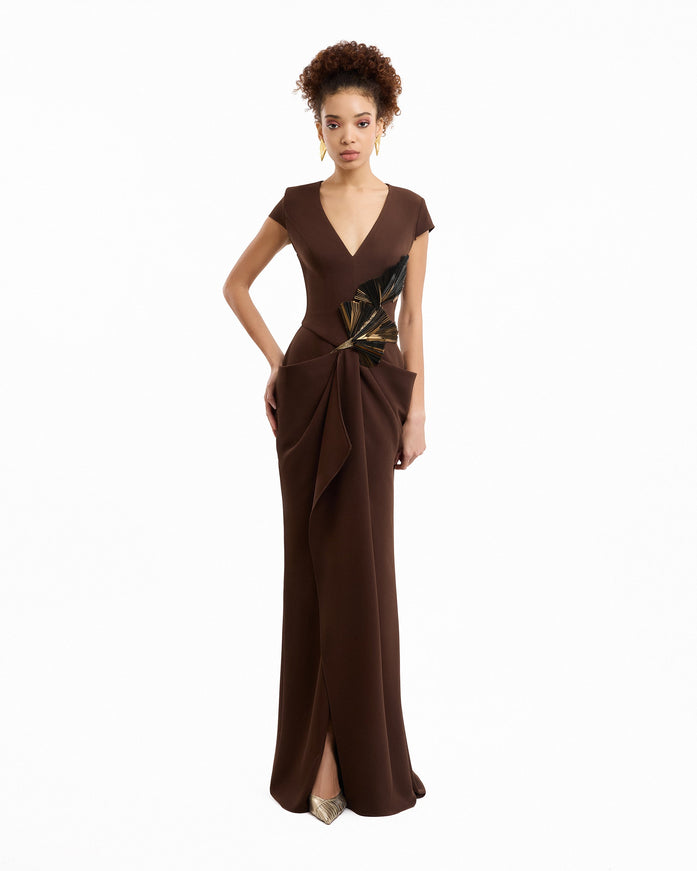Gemy Maalouf V-Neck Embellished Gown Brown
