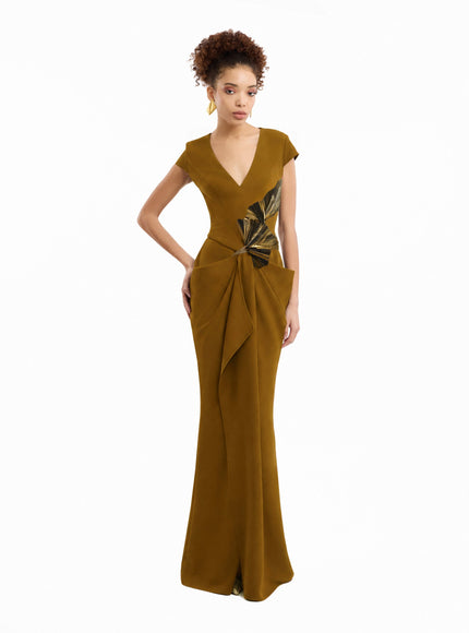 Gemy Maalouf V-Neck Embellished Gown Caramel