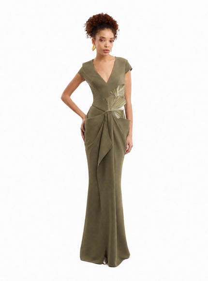 Gemy Maalouf V-Neck Embellished Gown Olive