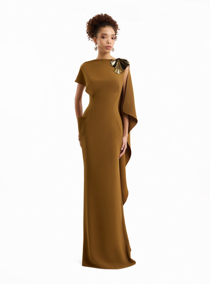 Gemy Maalouf Asymmetric Cape Gown Caramel