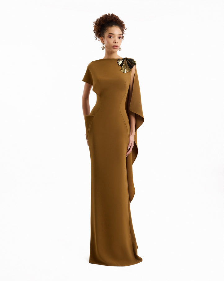 Gemy Maalouf Asymmetric Cape Gown Caramel