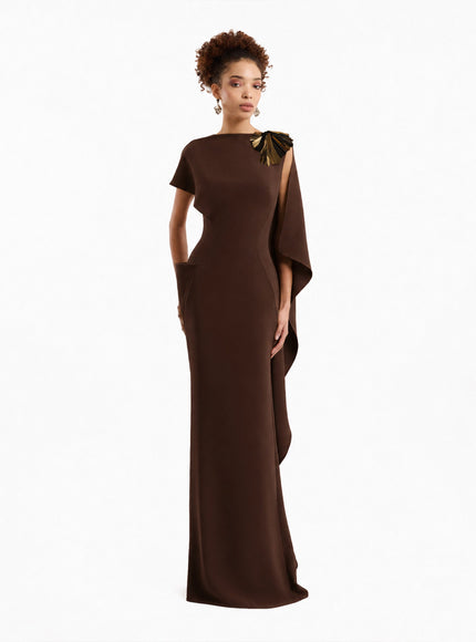 Gemy Maalouf Asymmetric Cape Gown Brown
