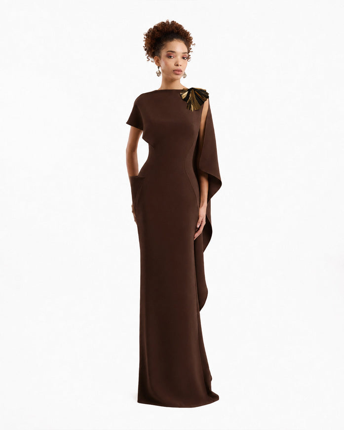 Gemy Maalouf Asymmetric Cape Gown Brown