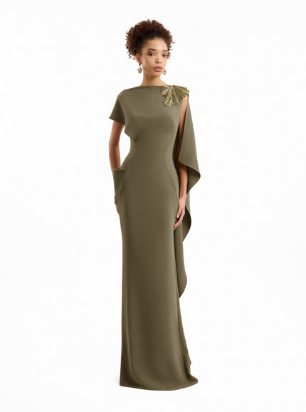 Gemy Maalouf Asymmetric Cape Gown Olive