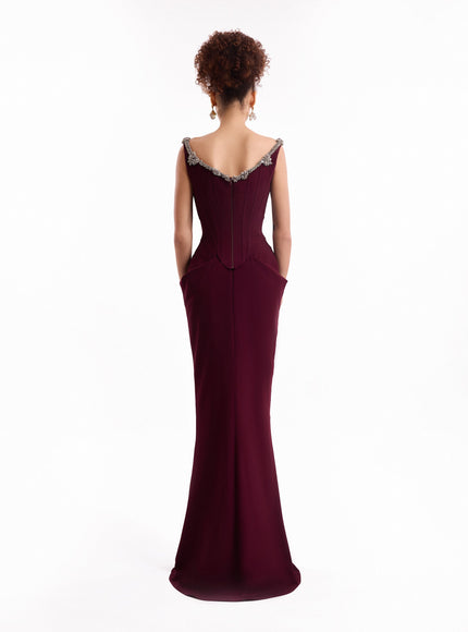 Gemy Maalouf Beaded Bow Corset Gown in Wine, back view