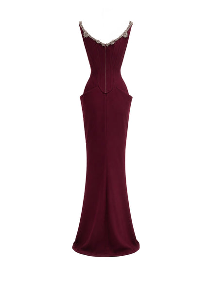 Gemy Maalouf Beaded Bow Corset Gown in Wine, additional back view
