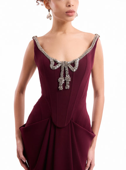 Gemy Maalouf Beaded Bow Corset Gown in Wine, fabric closeup