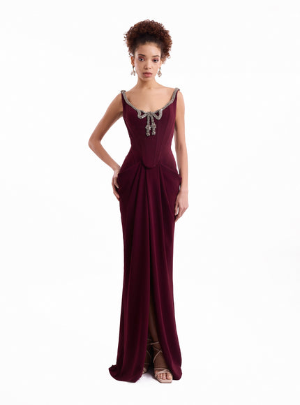 Gemy Maalouf Beaded Bow Corset Gown in Wine, front view