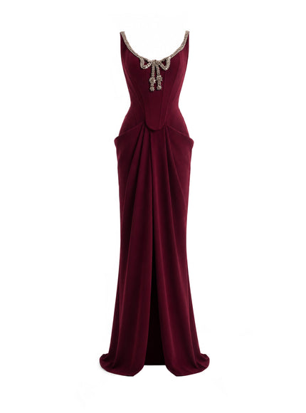 Gemy Maalouf Beaded Bow Corset Gown in Wine, additional front view