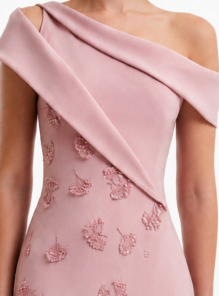 Gemy Maalouf Folded Neck Asymmetrical Beaded Gown