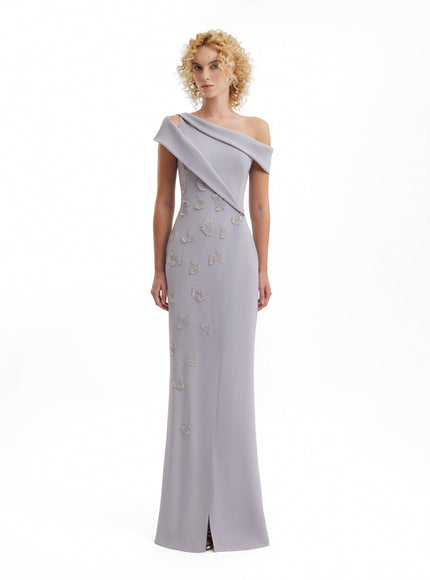 Gemy Maalouf Folded Neck Asymmetrical Beaded Gown Blue