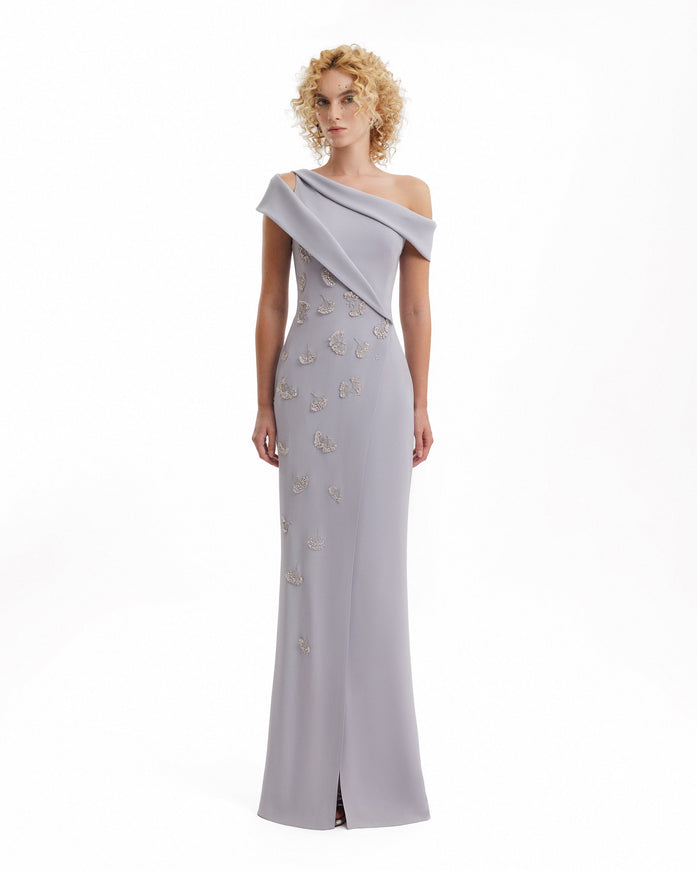 Gemy Maalouf Folded Neck Asymmetrical Beaded Gown Blue