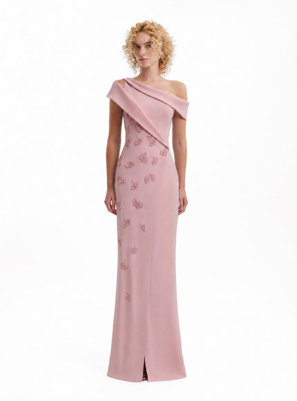 Gemy Maalouf Folded Neck Asymmetrical Beaded Gown Pink