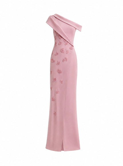 Gemy Maalouf Folded Neck Asymmetrical Beaded Gown