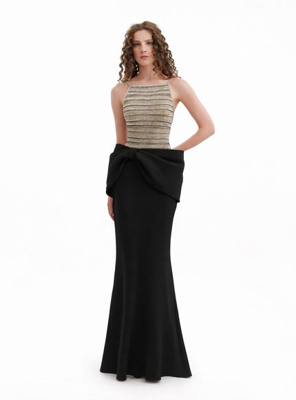 Gemy Maalouf Beaded Gown With Bow Black