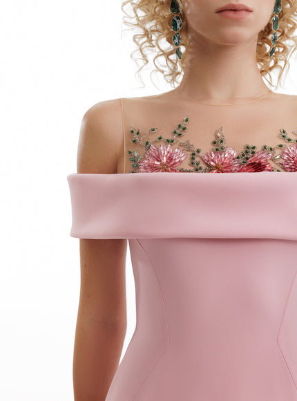 Gemy Maalouf Floral Beaded Off-Shoulder Gown