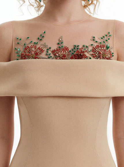 Gemy Maalouf Floral Beaded Off-Shoulder Gown
